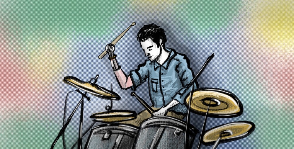 Nicolas Huchet drum-playing prosthetic hand; Illustration by Arina Ionova.